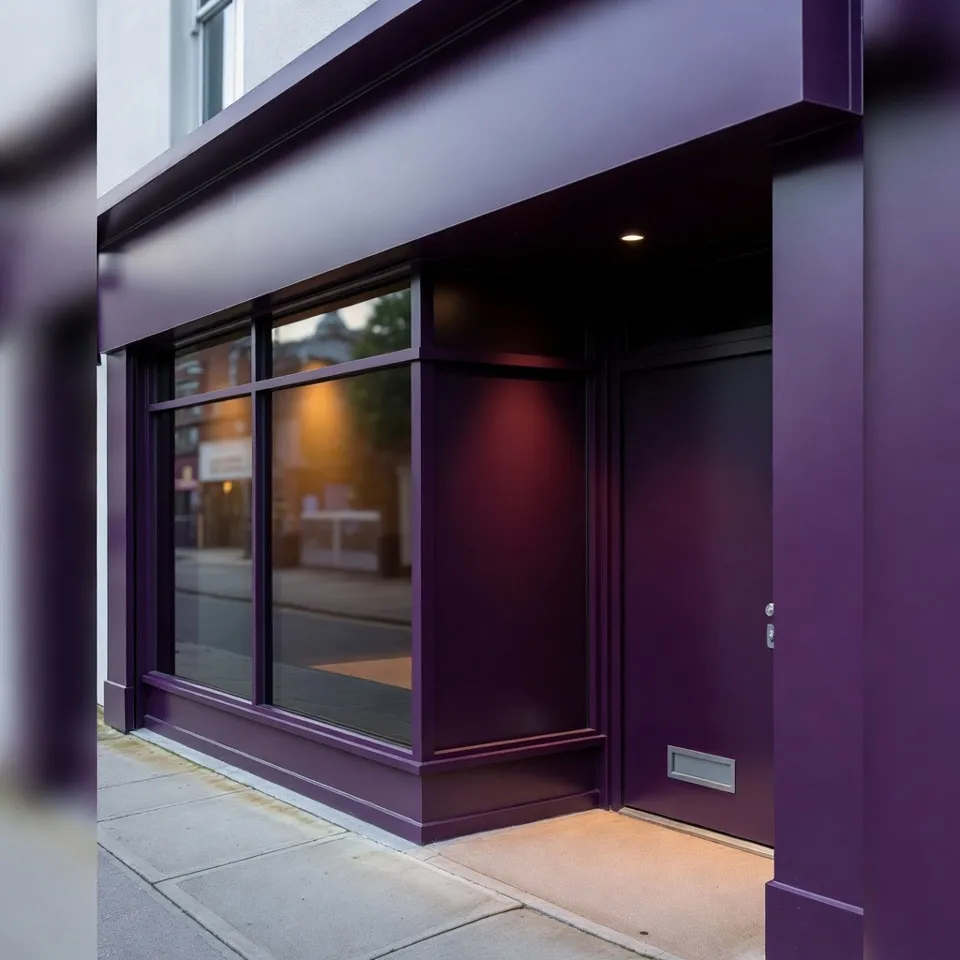 Beauty salon with violet aluminium window frames in the UK
