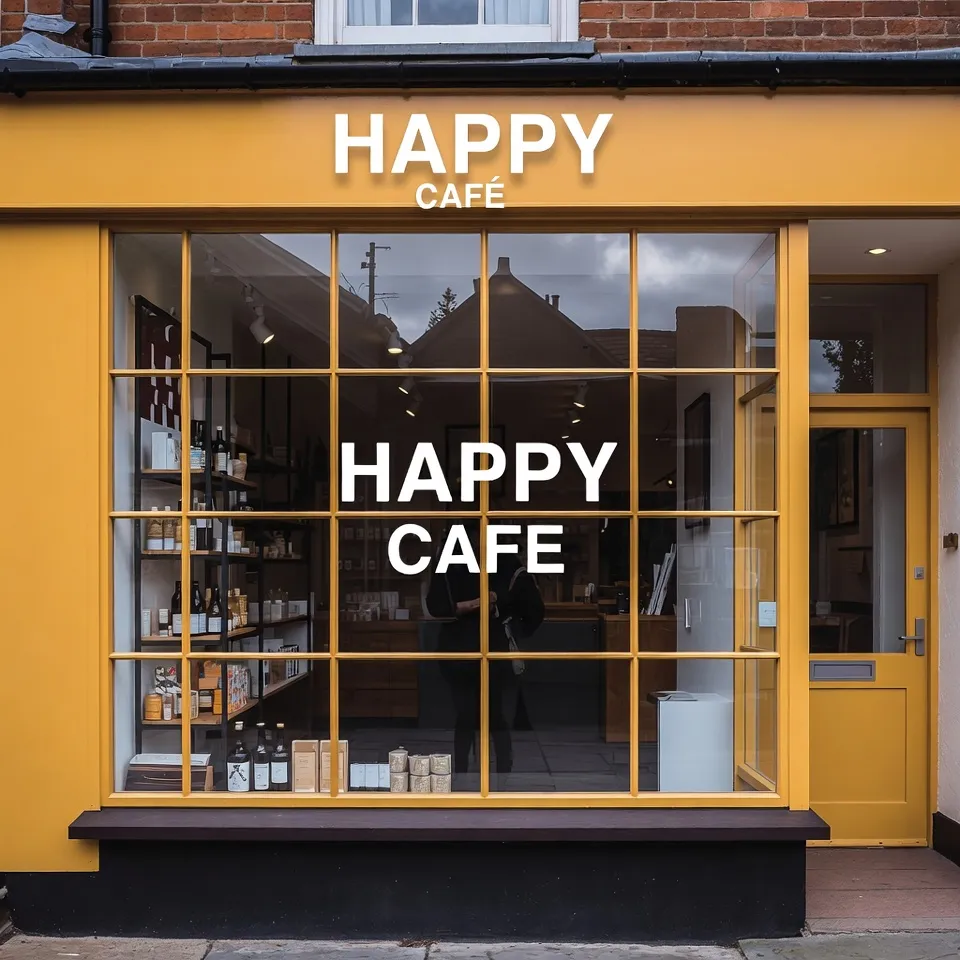 Shopfront of the "Happy Cafe" with a large window and mustard yellow trim.