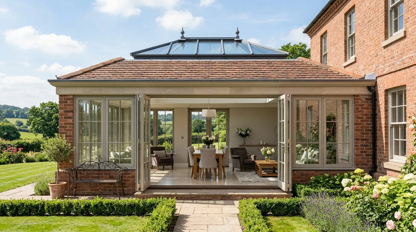 A brick home extension with a glass roof lantern and open doors.
