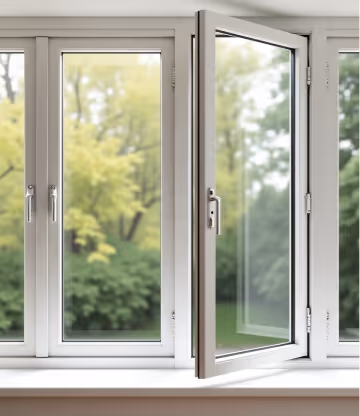  A close-up of a white UPVC tilt-and-turn window, partially open.