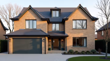 A traditional-style brick house with a dark gray roof, grey window frames, and a dark front door.