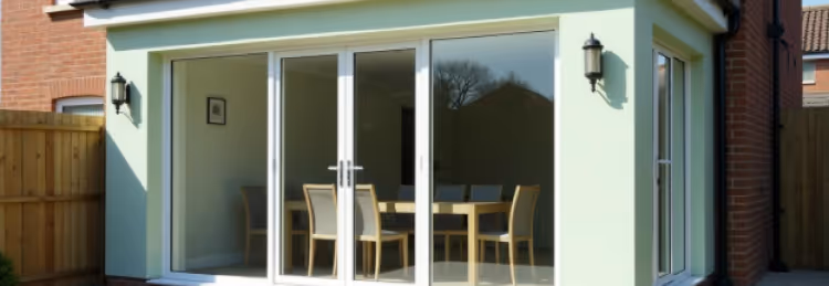 Modern glass sliding doors leading to a dining room with a wooden table and chairs, set in a light green exterior wall with a black outdoor wall lamp.
