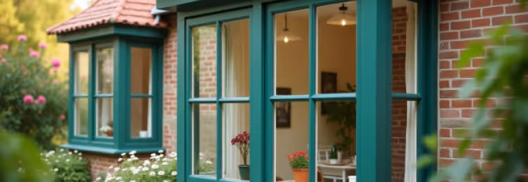  A close-up of a brick house with dark green window frames and a bay window on the left, showing interior lighting and plants.