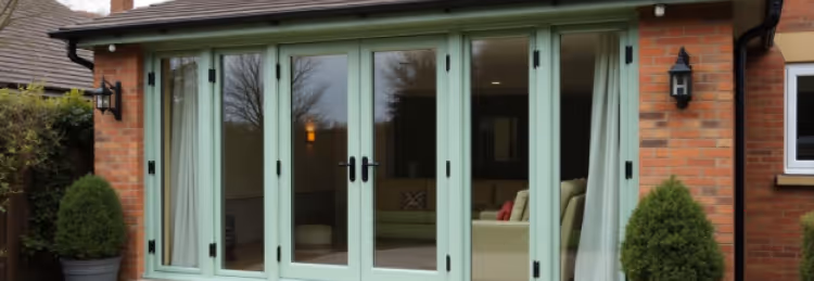  A set of light green bi-fold doors, possibly Chartwell Green UPVC French doors, spanning the width of a brick house, with glass panes reflecting the outdoors.