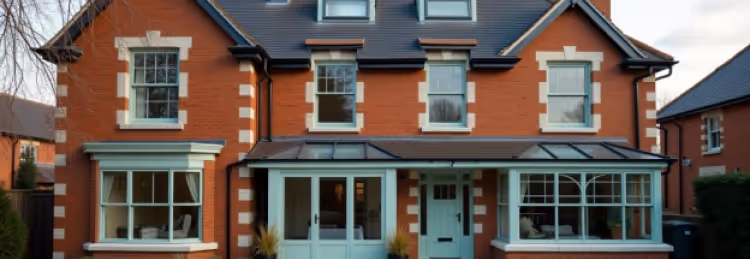  A red brick house with light blue window frames and a matching light blue front door, featuring a dark gray roof.
