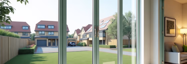 A view through a large glass door with a green frame, looking out onto a residential street with several modern houses, green lawns, and a clear sky.