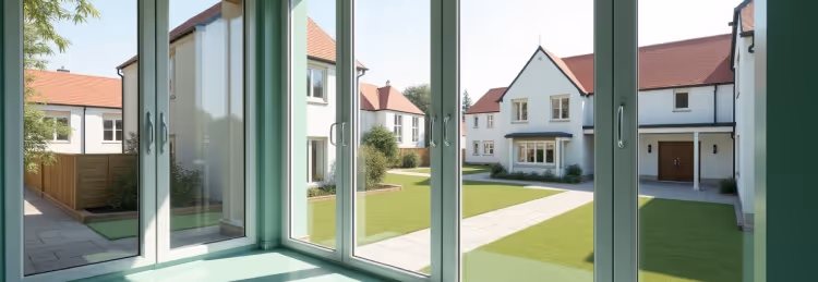  A bright, clear view through light green-framed bi-fold doors, showing a residential courtyard with several white houses, green lawns, and paved pathways under a sunny sky.