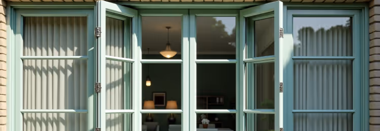  A close-up view of open light green-framed French windows, revealing a dimly lit interior room with hanging light fixtures.