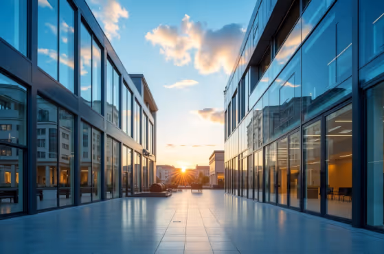  A sunrise or sunset between two modern glass-fronted buildings, casting a warm glow on the empty outdoor space.