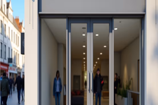  A pair of modern glass doors with dark frames, reflecting the blurred figures of people and a street scene outside.