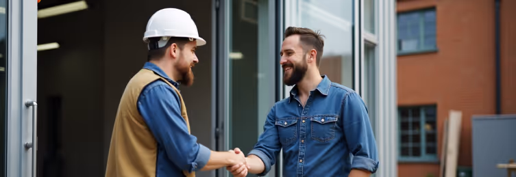 Two men, one in a hard hat, shake hands and smile in front of a modern building.
