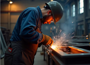 A welder wearing a hard hat and gloves is working on a metal structure, producing bright sparks.