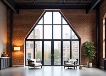  A large, triangular window with dark frames, divided into multiple panes,