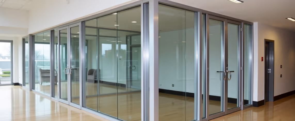 A modern office interior features a series of glass partitions with aluminum frames, creating separate rooms or offices, with a wooden floor and white walls.