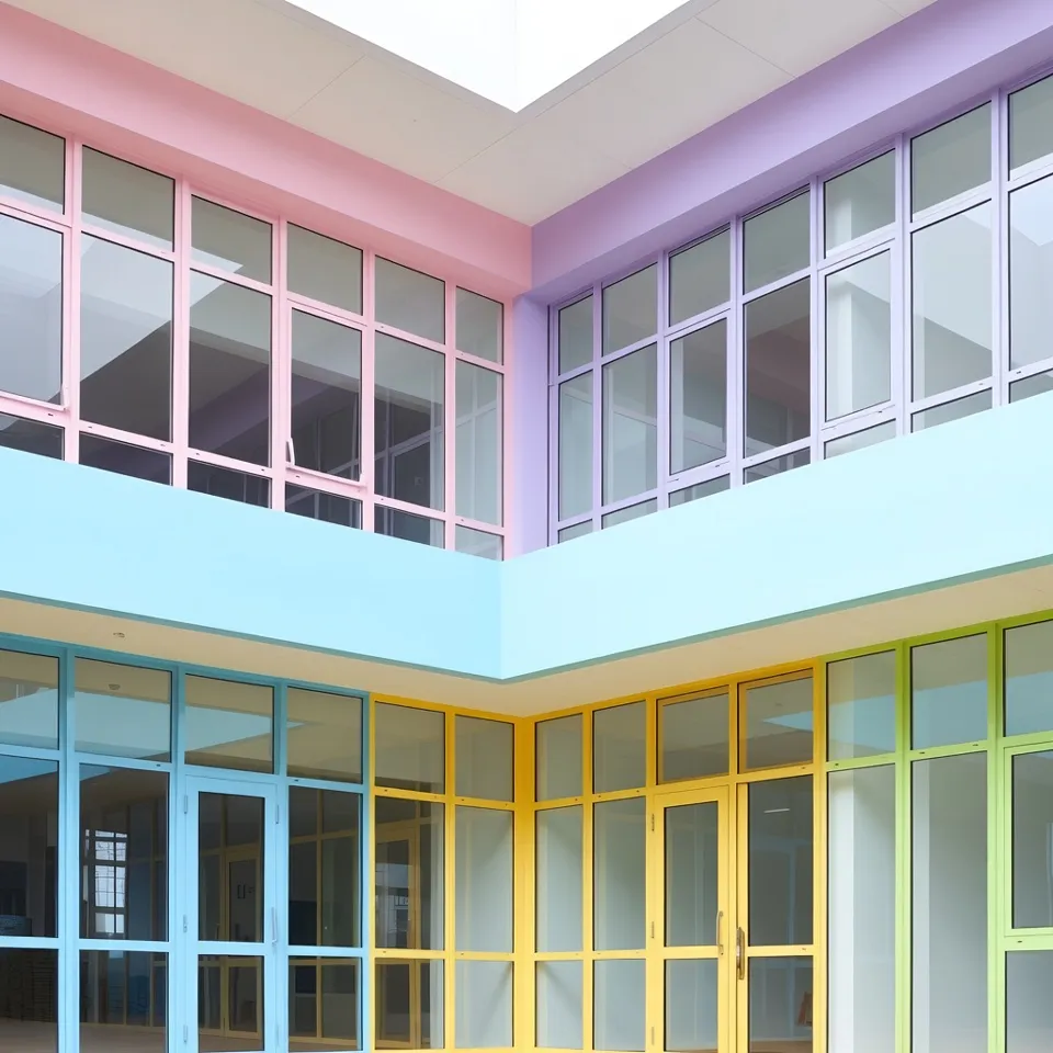 Building interior courtyard with walls and window frames painted in bright pastel colors.