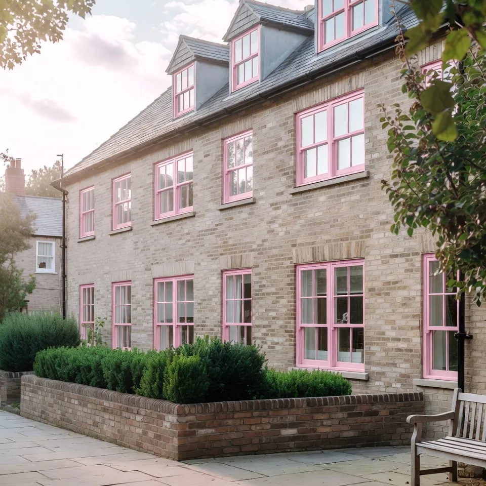 Nursery school with pastel pink aluminium window frames in the UK