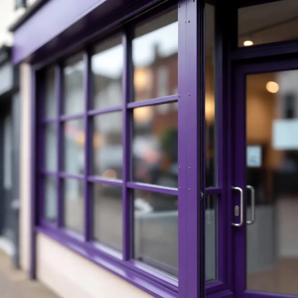 Shopfront with large window and bright purple frame.