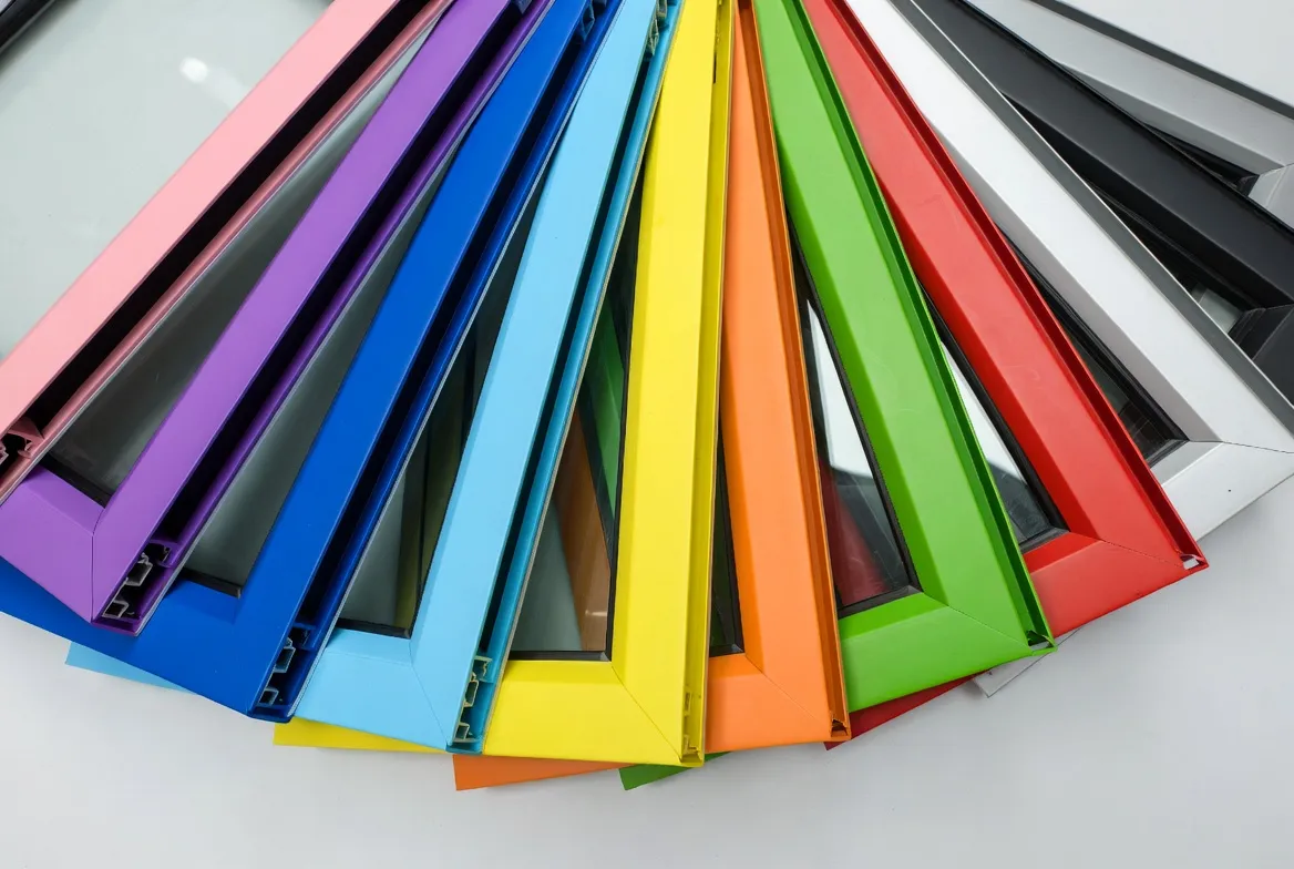 Fan of colorful window frames, including pink, purple, blue, yellow, orange, green, and red.