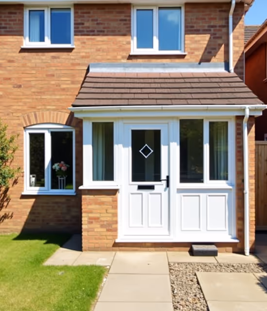  A white UPVC porch with a brick base, featuring a glass-paneled front door and two side windows.