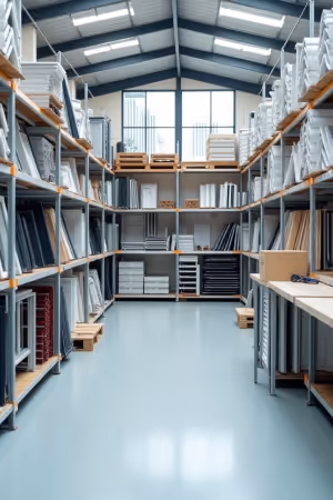 Warehouse with shelving full of materials.
